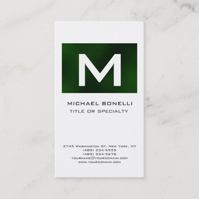 Trendy Monogram Green White Modern Business Card (Front)