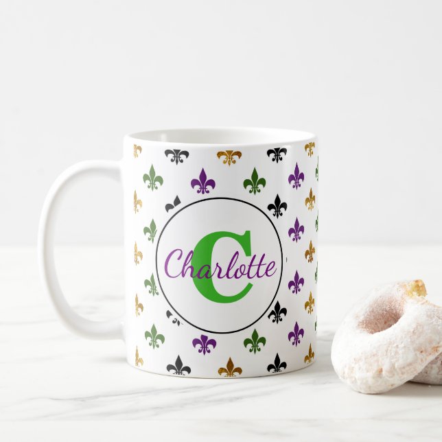 Trendy Monogram Mardi Gras Fleur De Lis Coffee Mug (With Donut)