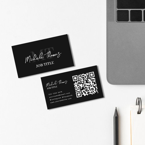 Trendy Monogram Minimalist Modern Black Script Business Card