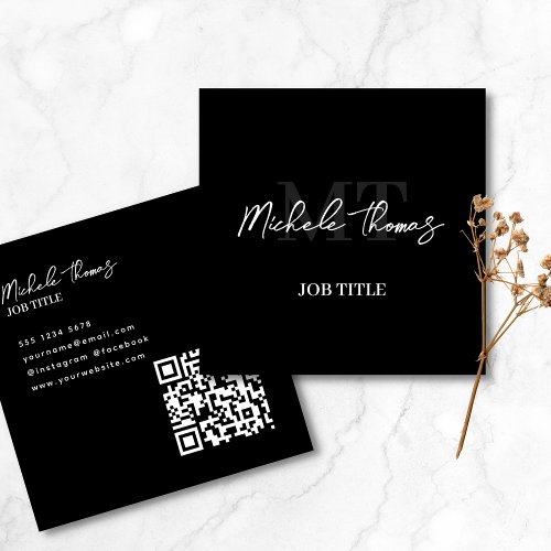 Trendy Monogram Minimalist Modern Black Script Square Business Card