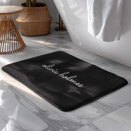Trendy Monogram  Modern Black Script Name Bath Mat