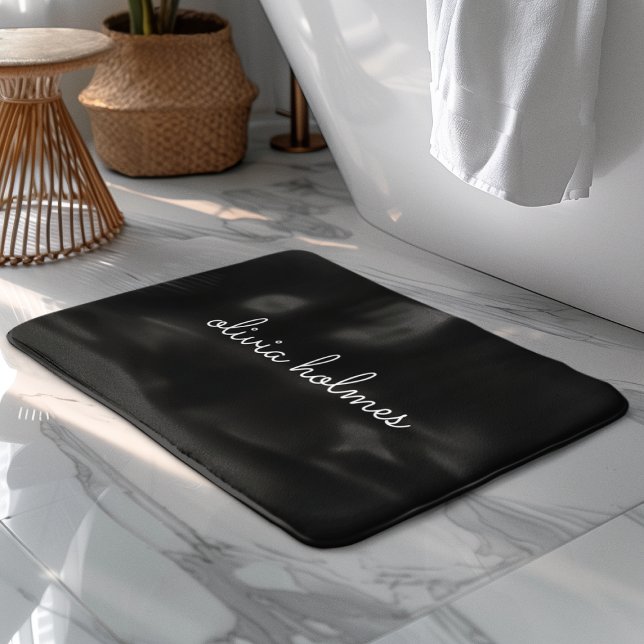 Trendy Monogram | Modern Black Script Name Bath Mat (Creator Uploaded)