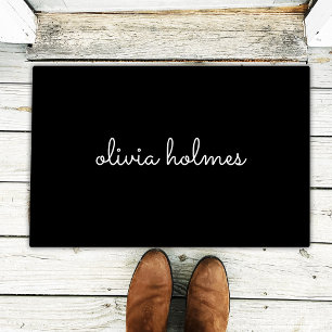 Trendy Monogram   Modern Black Script Name Doormat