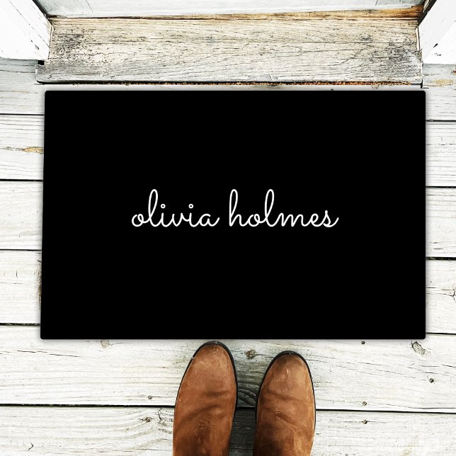 Trendy Monogram | Modern Black Script Name Doormat (Creator Uploaded)