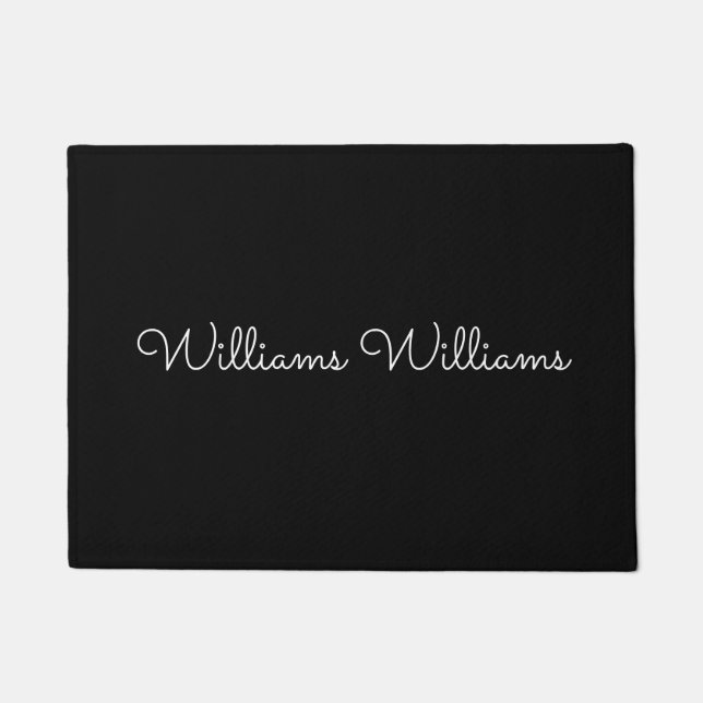 Trendy Monogram Modern Black Script Name Doormat (Front)