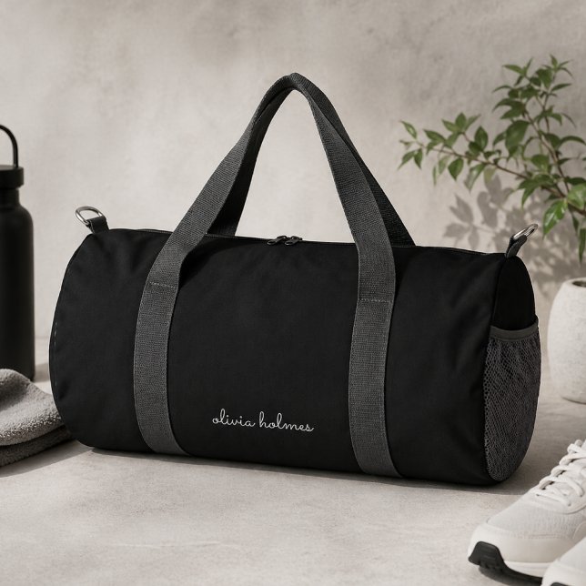 Trendy Monogram | Modern Black Script Name Duffle Bag (Creator Uploaded)