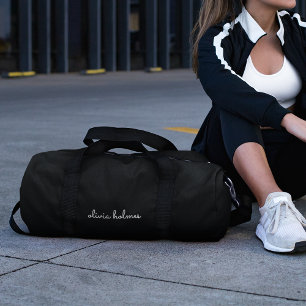 Trendy Monogram   Modern Black Script Name Duffle Bag