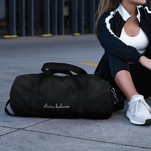 Trendy Monogram  Modern Black Script Name Duffle Bag