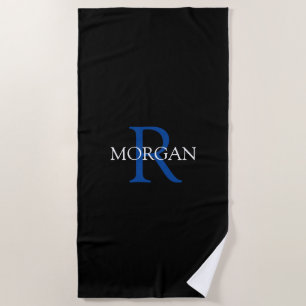 Trendy Monogram & Name, Dp Blue/White Text, Black Beach Towel