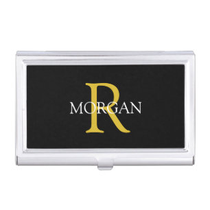Trendy Monogram & Name, Gold & White Text, Black Business Card Case