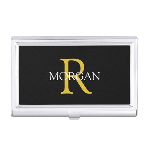 Trendy Monogram  Name Gold  White Text Black Business Card Case
