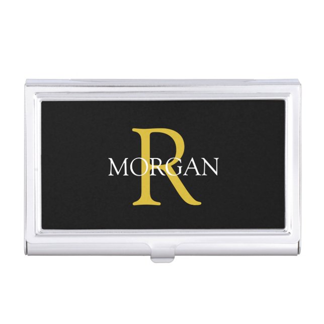 Trendy Monogram & Name, Gold & White Text, Black Business Card Case (Front)
