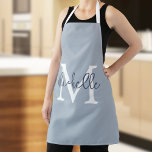 Trendy Monogram Name Initial Script Dusty Blue Apron<br><div class="desc">Trendy Monogram Name Initial Script Dusty Blue. Easy to personalise.</div>