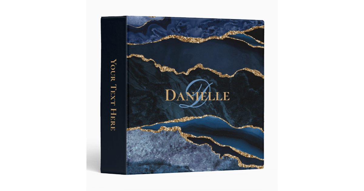 Trendy Monogram Navy Blue Gold Agate 3 Ring Binder | Zazzle