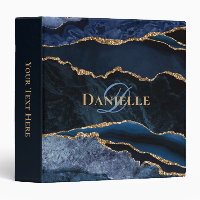 Trendy Monogram Navy Blue Gold Agate 3 Ring Binder (Front/Spine)