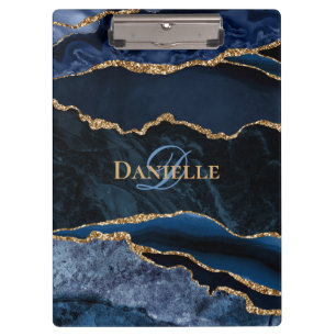 Trendy Monogram Navy Blue Gold Agate Clipboard