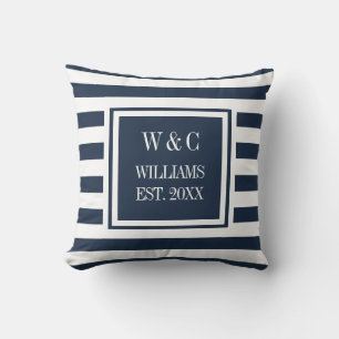 Trendy Monogram Navy Blue White Stripe Throw Pillow