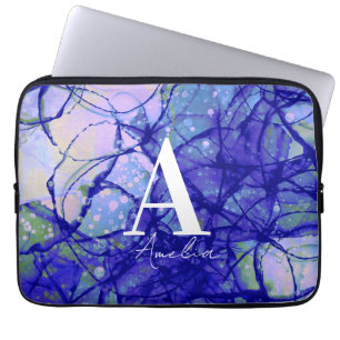 Trendy Monogram Personalized Name Blue Abstract Laptop Sleeve