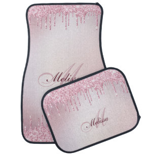 trendy monogram rose gold purple glitter car floor mat
