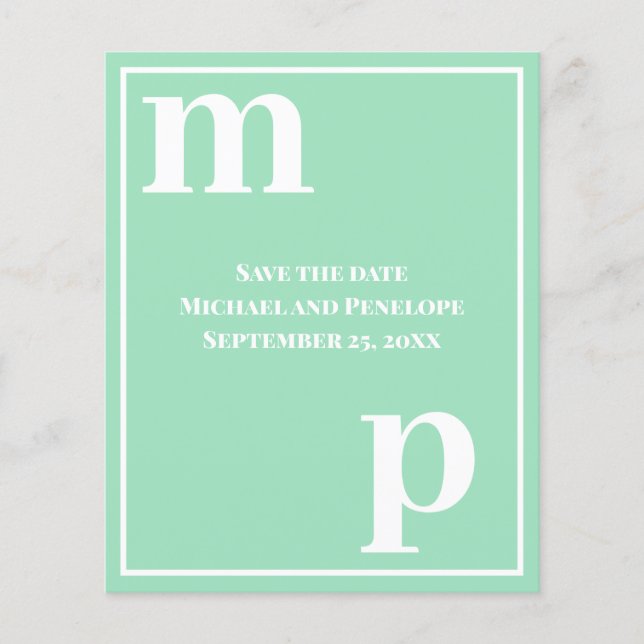 Trendy Monogram Seafoam Green Budget Save the Date Flyer (Front)