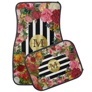 Trendy Monogram Stripes Roses Flowers Gold Glitter Car Mat