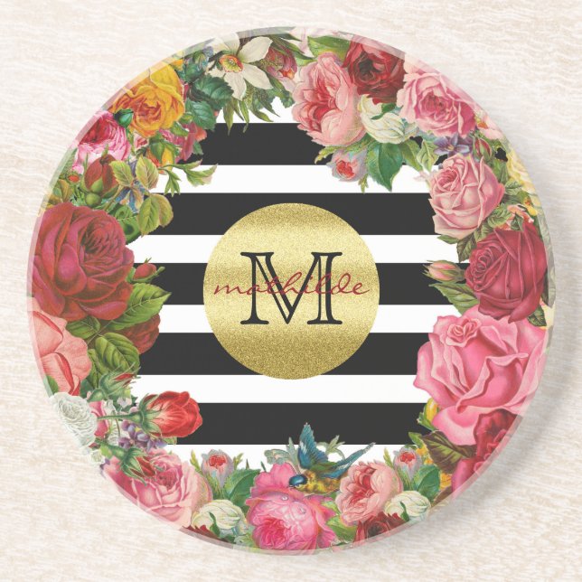 Trendy Monogram Stripes Roses Flowers Gold Glitter Drink Coaster (Front)