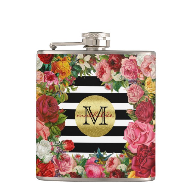 Trendy Monogram Stripes Roses Flowers Gold Glitter Flask (Front)
