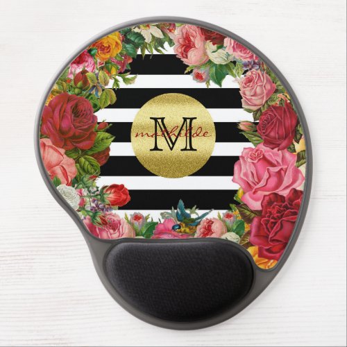 Trendy Monogram Stripes Roses Flowers Gold Glitter Gel Mouse Pad