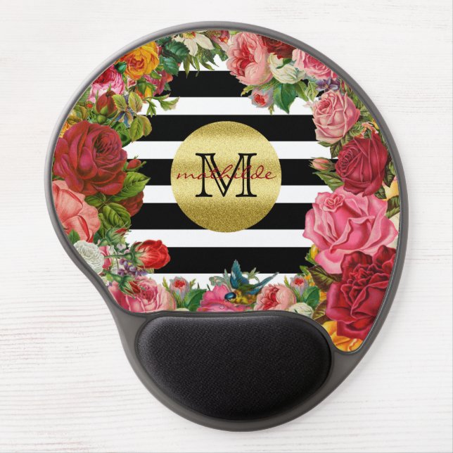 Trendy Monogram Stripes Roses Flowers Gold Glitter Gel Mouse Pad (Front)