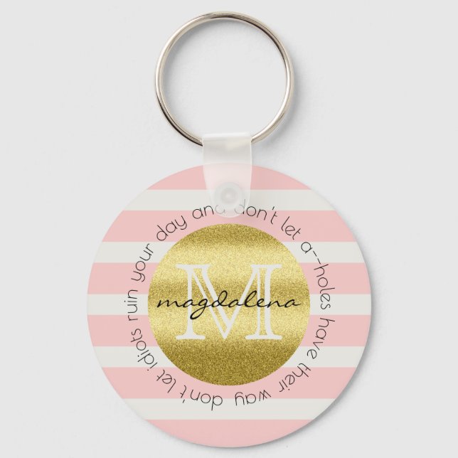 Trendy Monogram Stripes Roses Flowers Gold Glitter Keychain (Front)