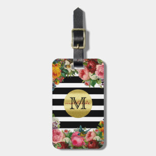 Trendy Monogram Stripes Roses Flowers Gold Glitter Luggage Tag