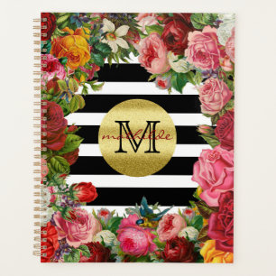 Trendy Monogram Stripes Roses Flowers Gold Glitter Planner
