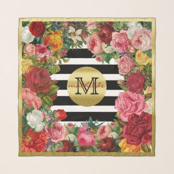 Trendy Monogram Stripes Roses Flowers Gold Glitter Scarf by BCVintageLove at Zazzle