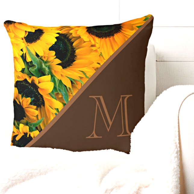 Trendy Monogram Sunflowers Brown Gold Throw Pillow (Creator Uploaded)