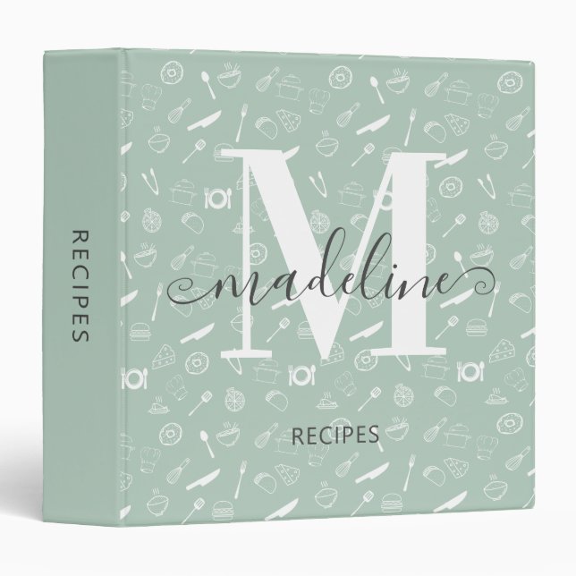Trendy Monogram Teal Kitchen Utensils Recipe 3 Ring Binder (Front/Spine)