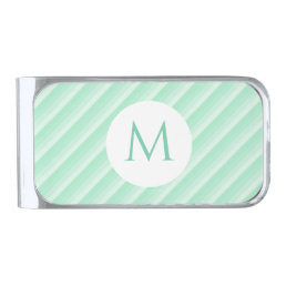 Trendy Monogram Template Mint Green Stripes Modern Silver Finish Money Clip