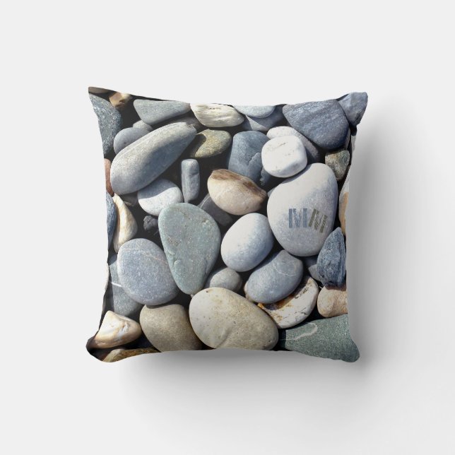 Trendy Monogram Vivid Natural Pebble Stones Photo Throw Pillow (Front)