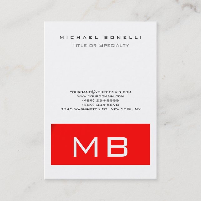 Trendy Monogram White Red Stripe Business Card (Front)