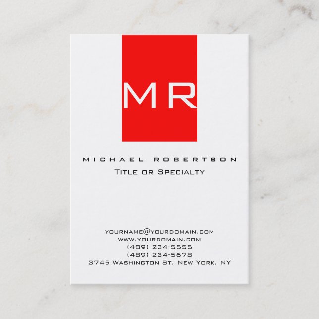 Trendy Monogram White Red Stripe Business Card (Front)