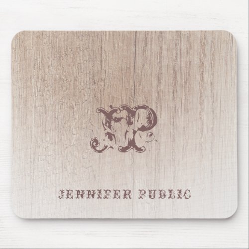 Trendy Monogram Wood Look Distressed Text Template Mouse Pad