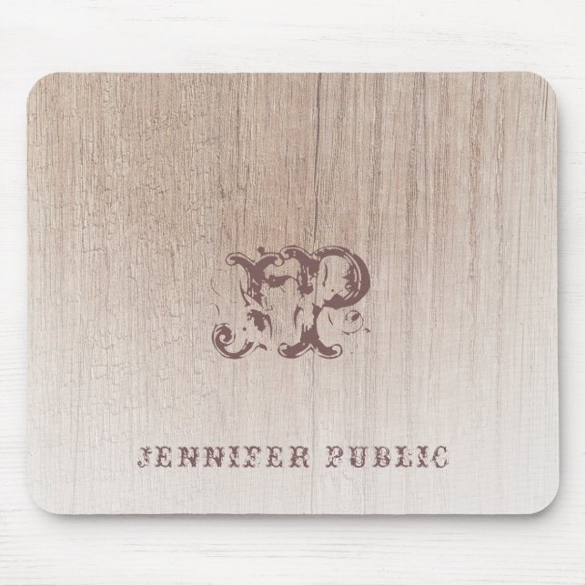 Trendy Monogram Wood Look Distressed Text Template Mouse Pad (Front)