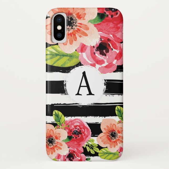 Trendy Monogramed Black White Stripes Flowers Case-Mate iPhone Case (Back)