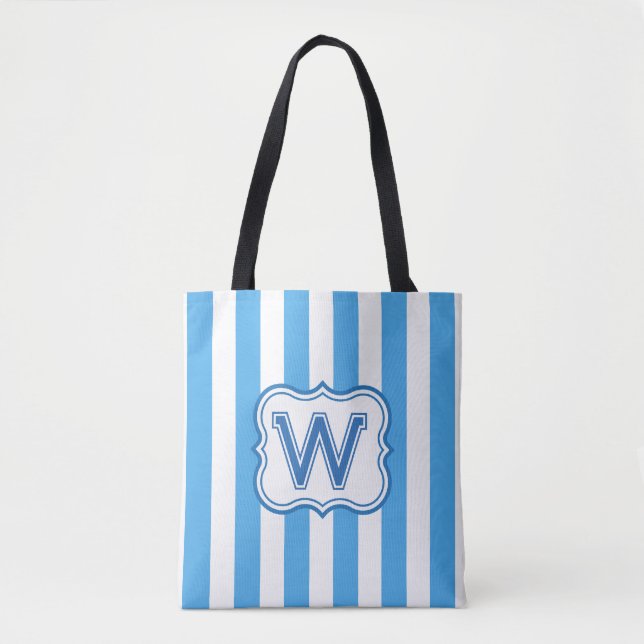 Trendy Monogramed Blue & White Wide Stripe Tote Bag (Front)