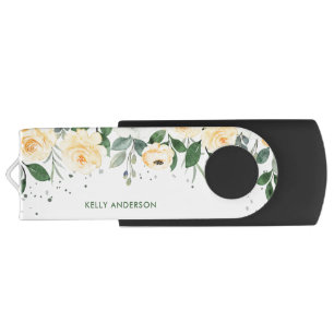 Trendy Monogrammed Botanical Watercolor Flash Drive