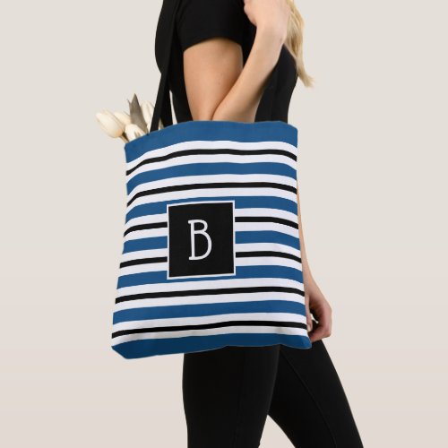 Trendy Monogrammed Classic Blue Black White Stripe Tote Bag