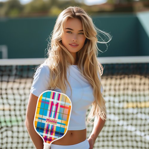 Trendy Monogrammed Colorful Plaid  Pickleball Paddle