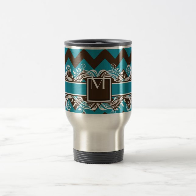 Trendy Monogrammed Geometric Chevron Pattern Travel Mug (Center)