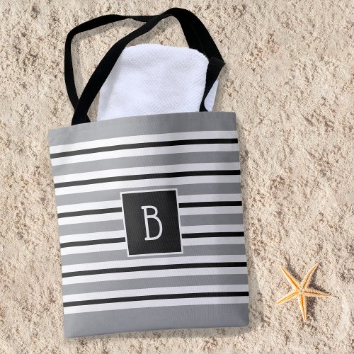 Trendy Monogrammed Initial Gray Black White Stripe Tote Bag