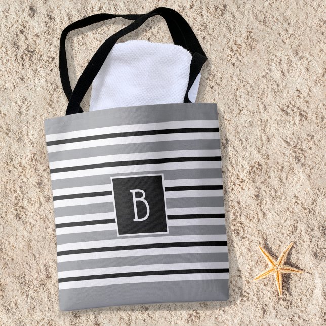 Trendy Monogrammed Initial Gray Black White Stripe Tote Bag (Creator Uploaded)
