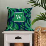 Trendy Monogrammed Monstera Palm Leaf Throw Pillow<br><div class="desc">Preppy green and navy monogrammed monstera palm leaf design.</div>